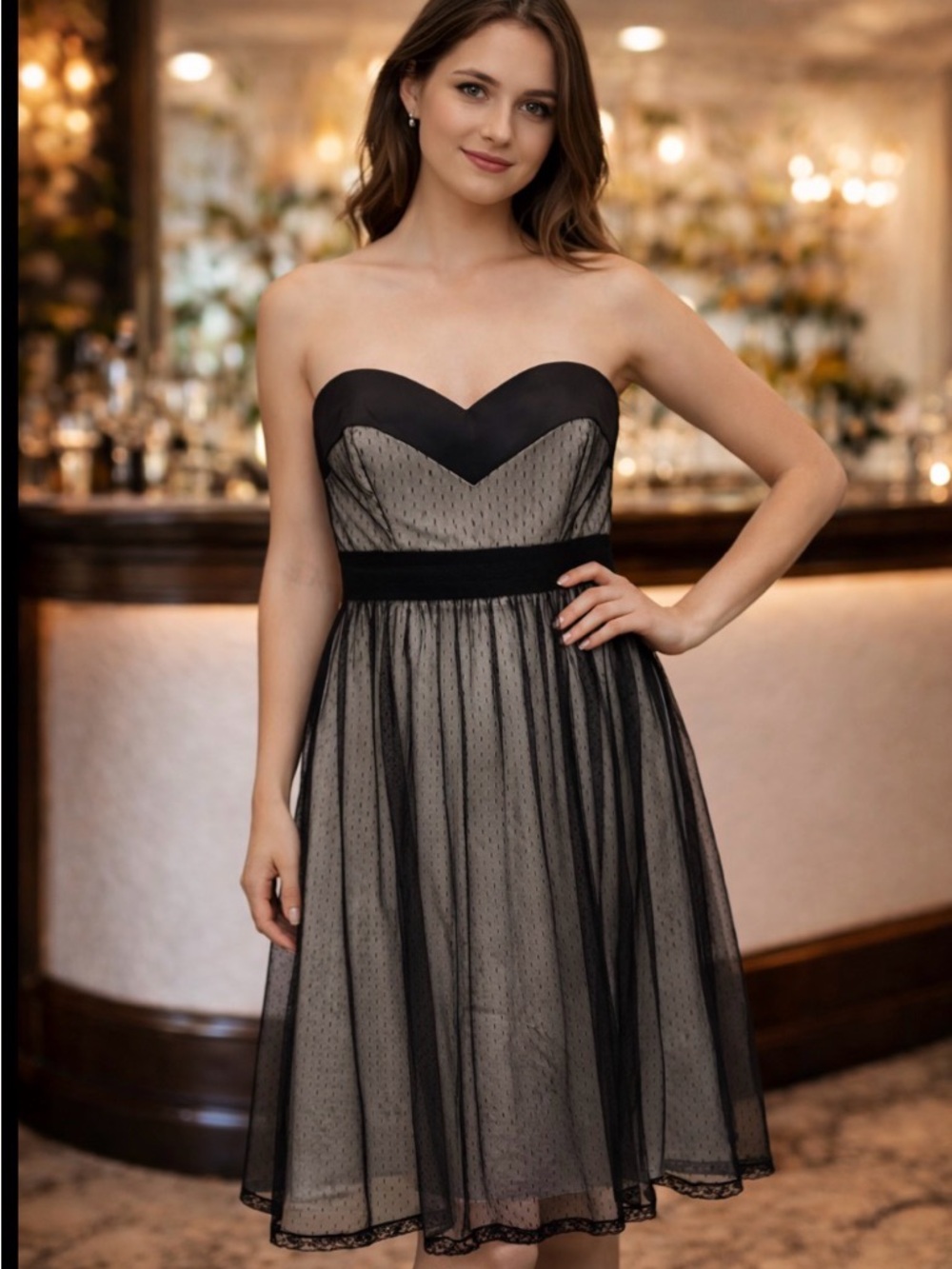 White House Black Market Black lace overlay A‑Line Mini strapless Dress size 2